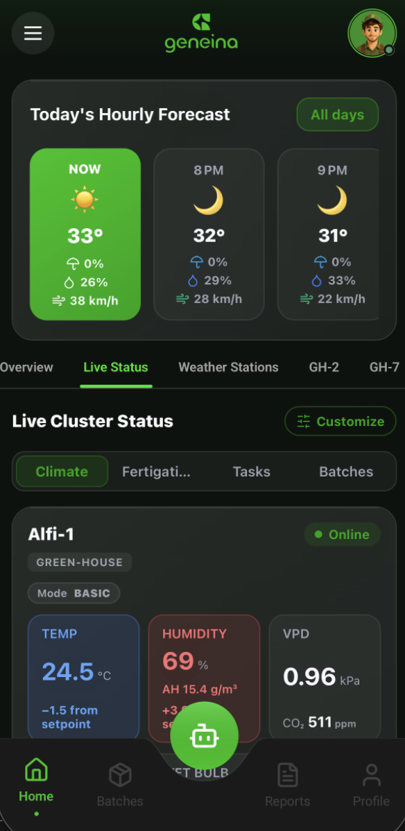 GeneinaOS app — live status