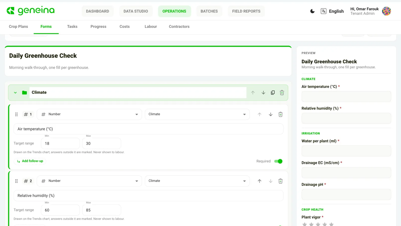 Geneina Forms builder — a demo “Daily Greenhouse Check” form with target ranges